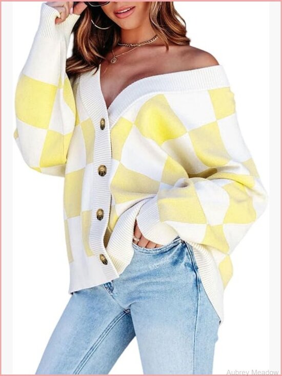 Sweaters - V-Neck Button Down Long Sleeve Cable Knit Oversized Cardigan